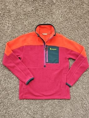 Cotopaxi Two-Tone Fleece Pullover in Orange & Pink with Dark Chest Pocket
